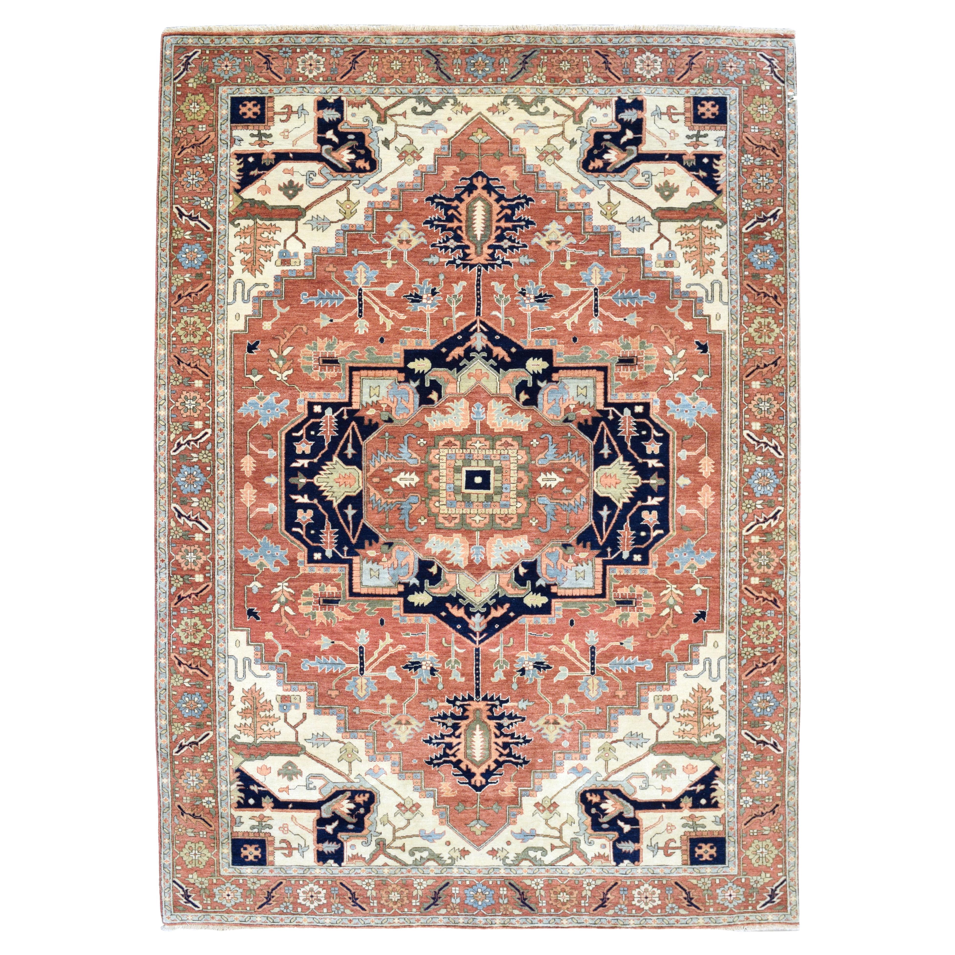 Modern Hand-Knotted Persian Serapi Wool Carpet, Pink, Green, Blue, 6' x 9'