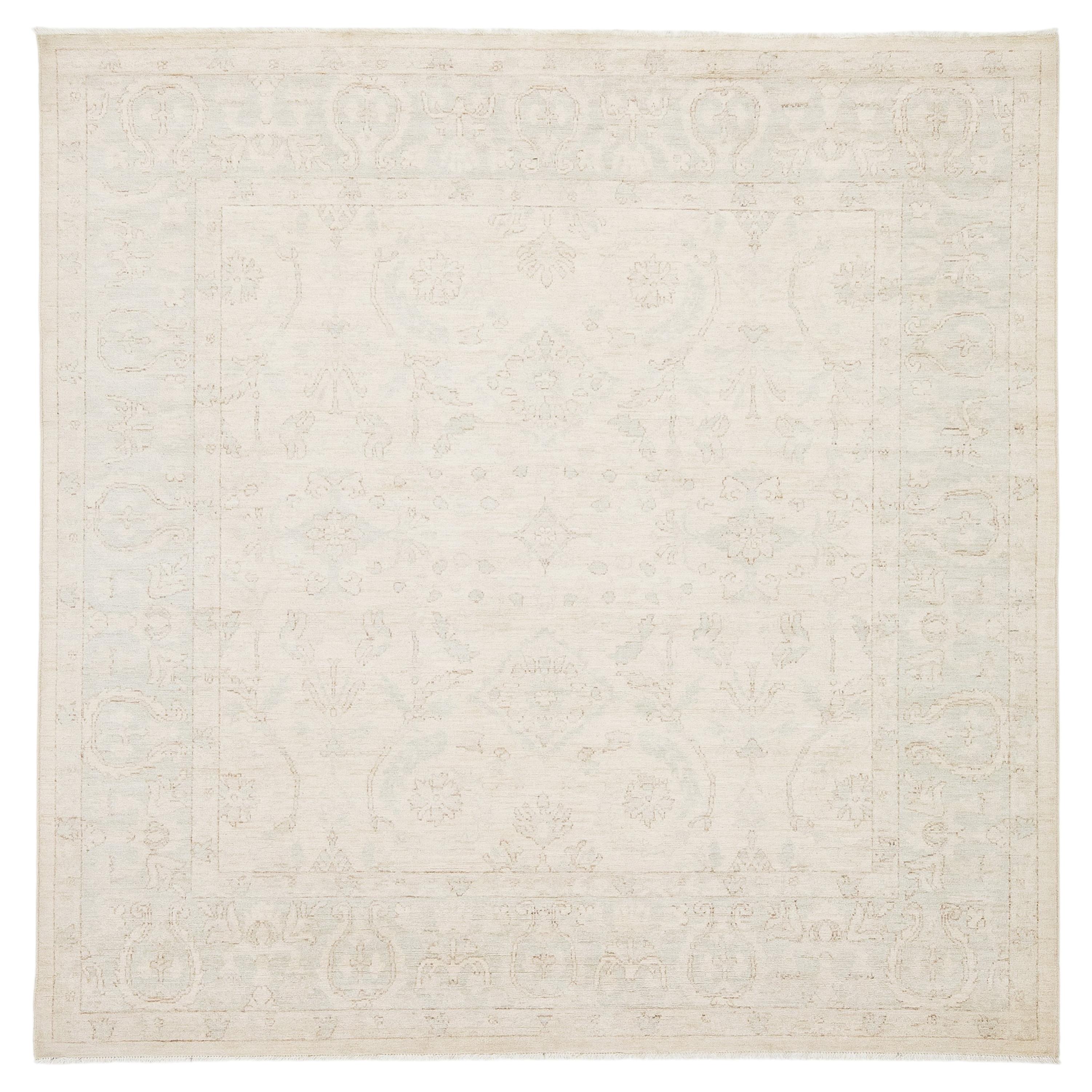 Modern Hand-Knotted Ziegler Style Wool Rug in Muted Ivory & Soft Sage