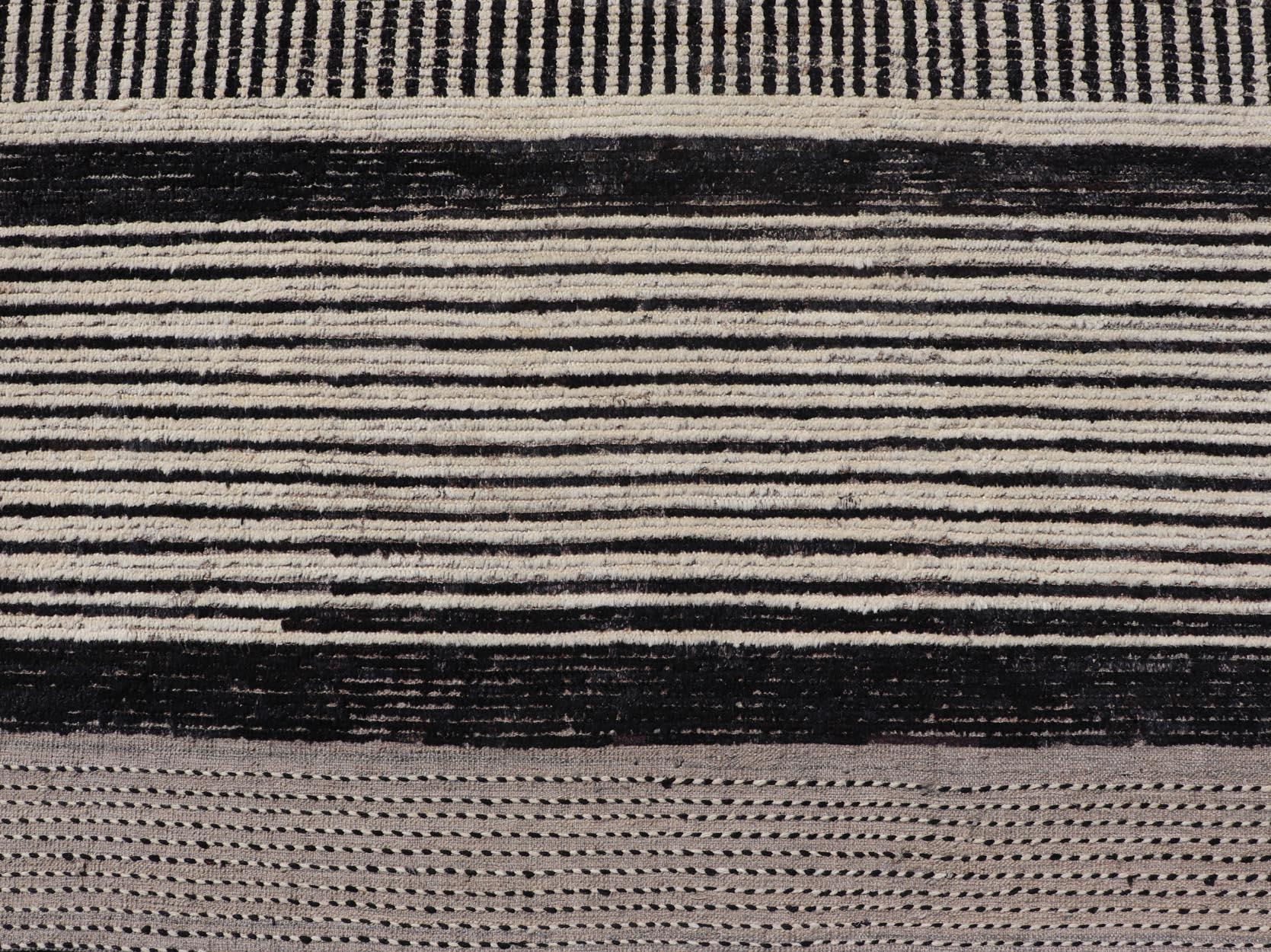 Modern Hand-Knotted Rug in Wool with Abstract Linear Design in Black & Ivory In Excellent Condition For Sale In Atlanta, GA