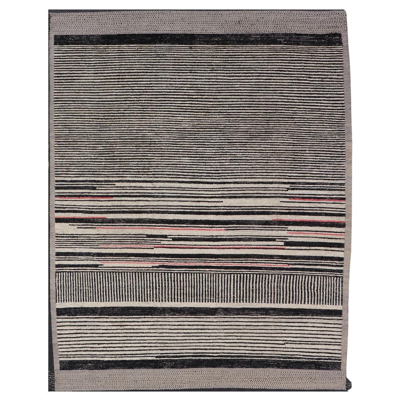 Modern Hand-Knotted Rug in Wool with Abstract Linear Design in Black & Ivory