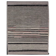 Modern Hand-Knotted Rug in Wool with Abstract Linear Design in Black & Ivory