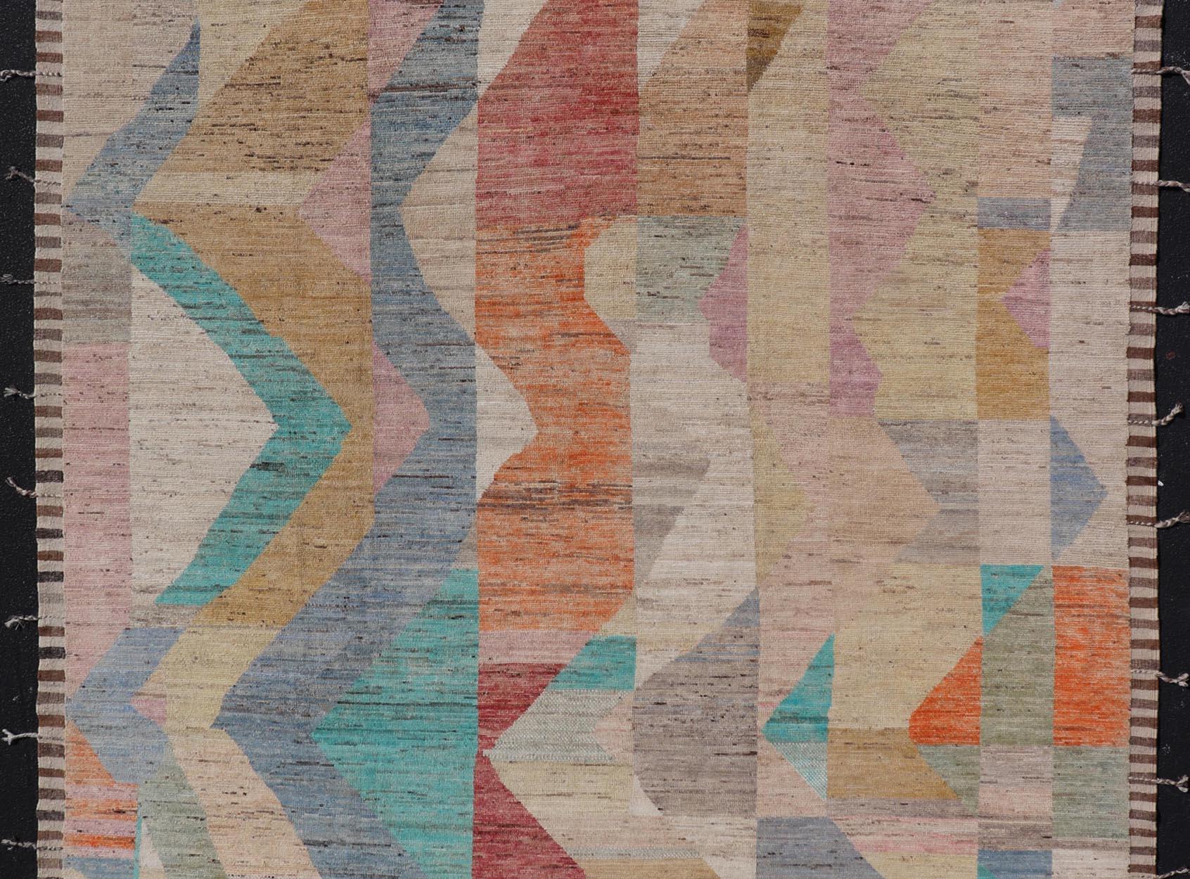 Tapis moderne noué à la main en laine avec un design sous-géométrique abstrait en multicolore en vente 2