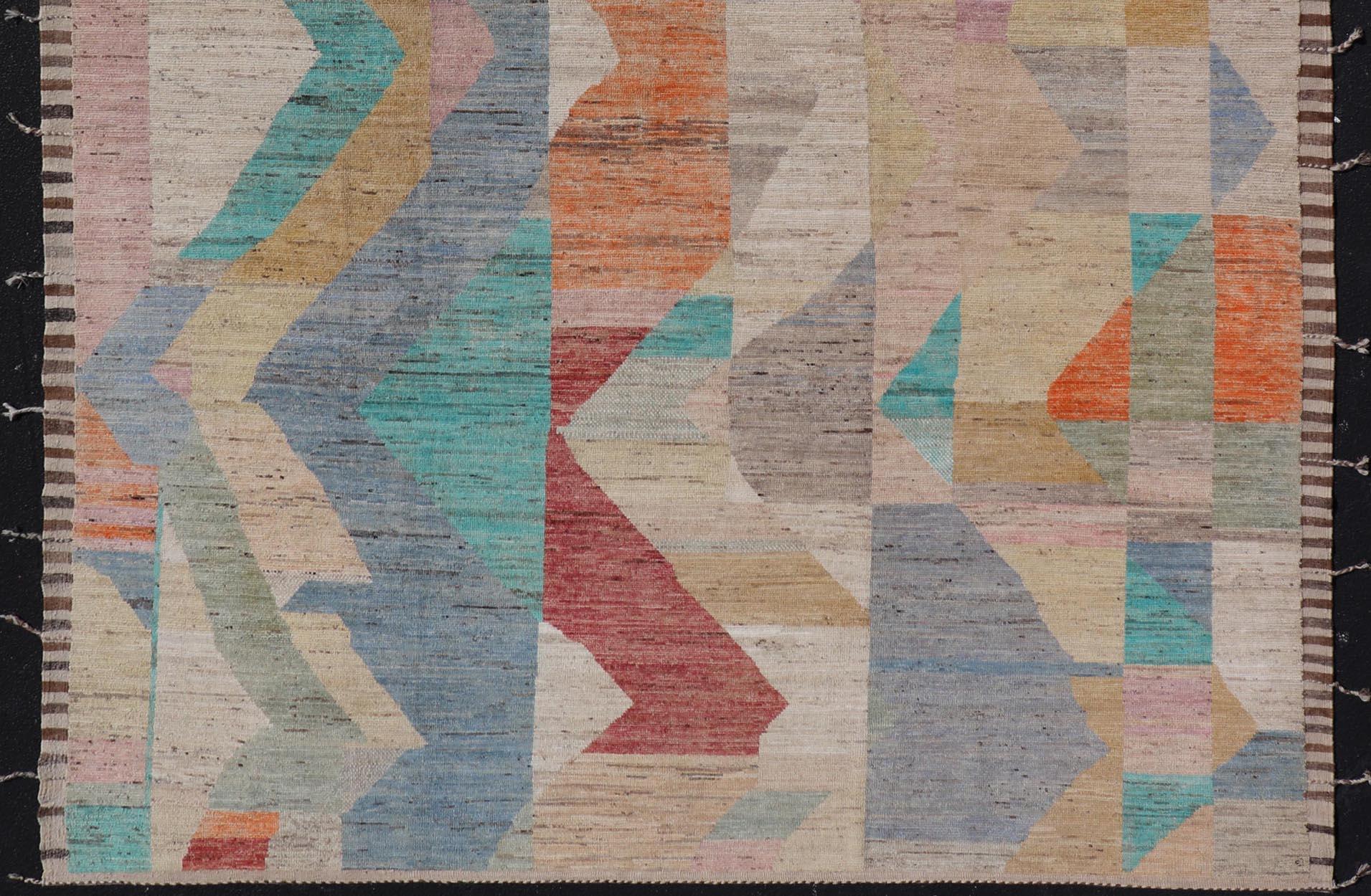 Modern Hand-Knotted Rug in Wool with Abstract Sub-Geometric Design in Multicolor For Sale 6