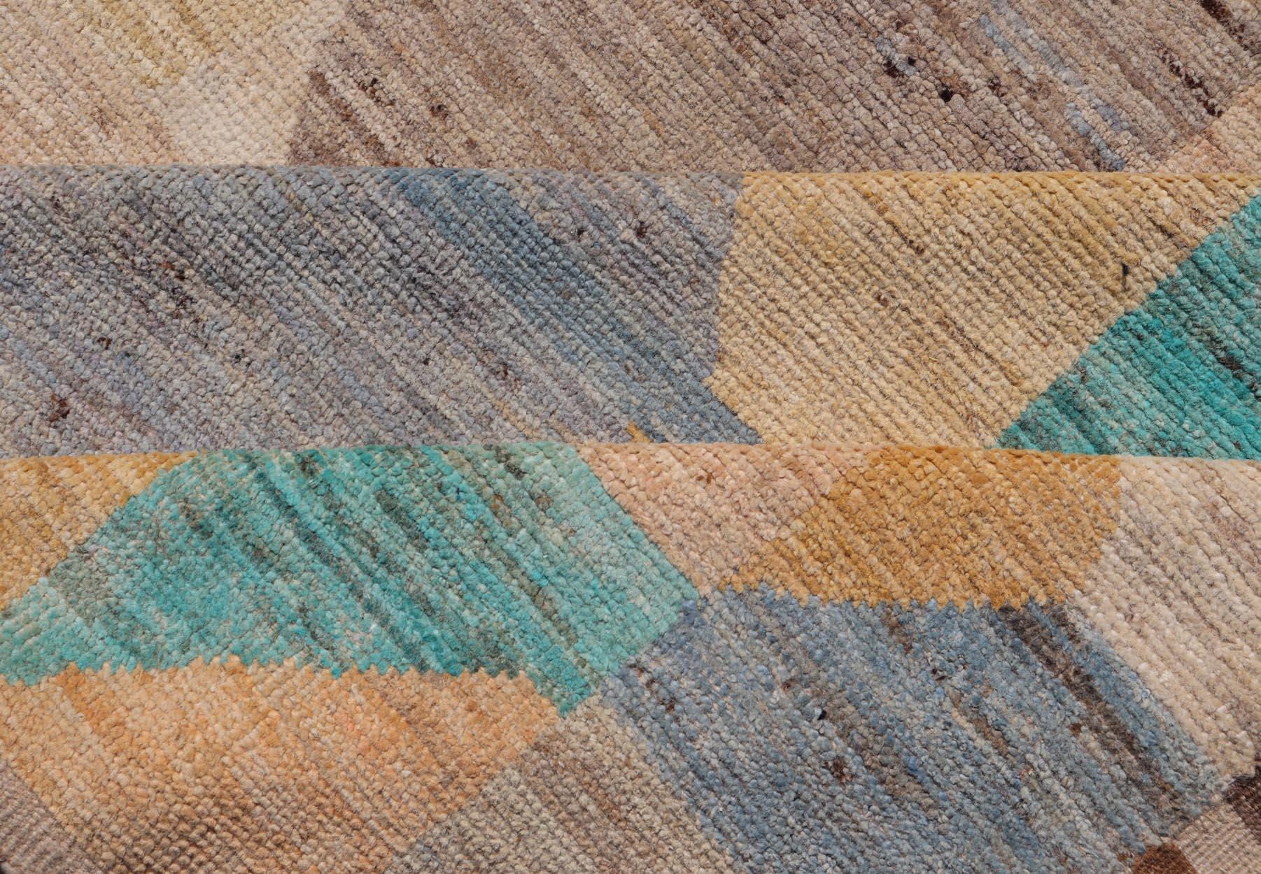 Tapis moderne noué à la main en laine avec un design sous-géométrique abstrait en multicolore en vente 5