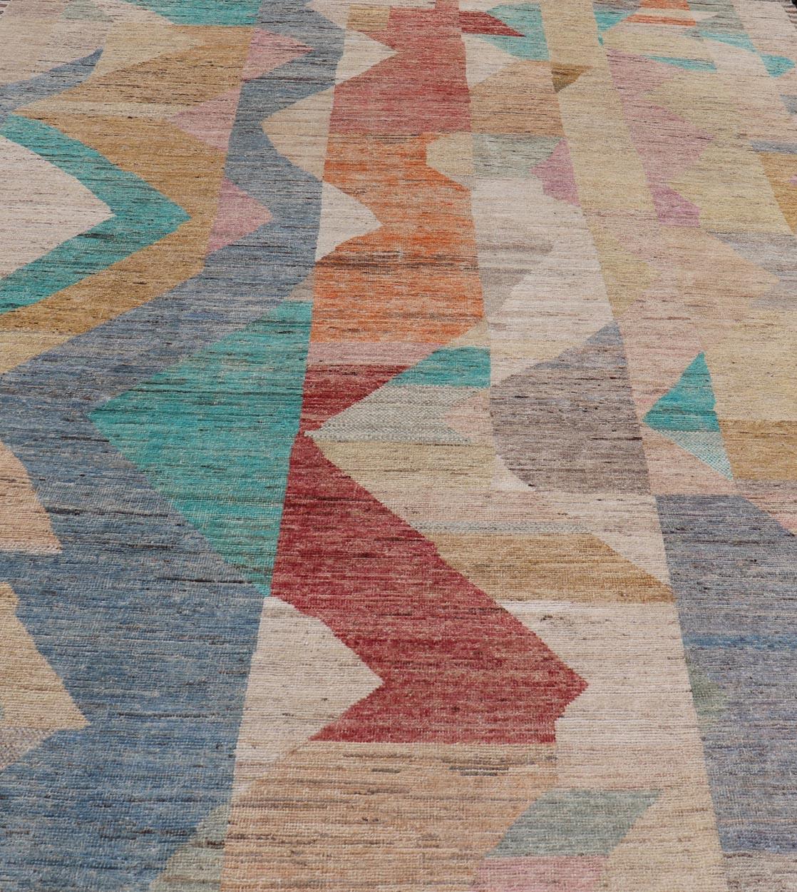 Tapis moderne noué à la main en laine avec un design sous-géométrique abstrait en multicolore en vente 6