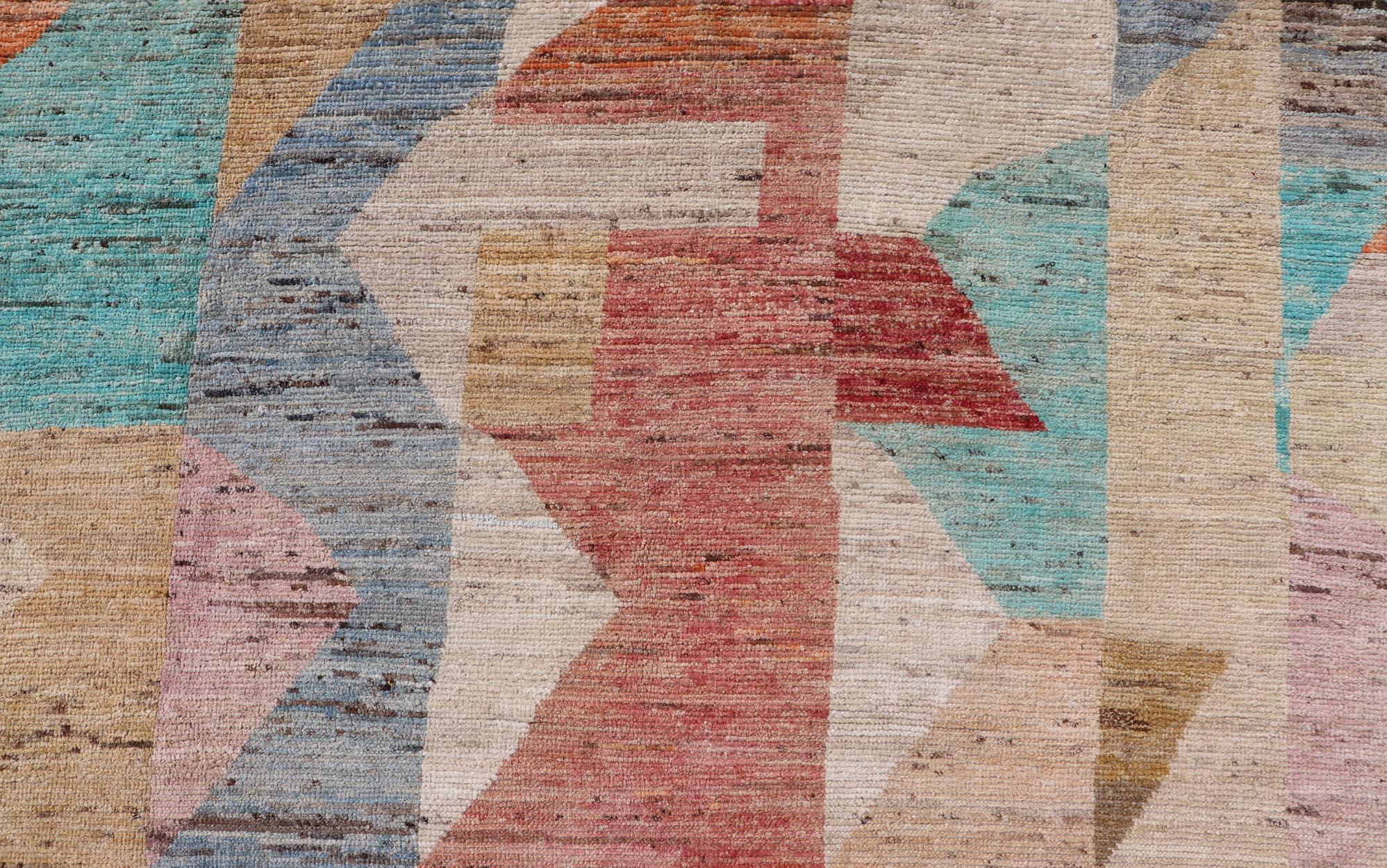 Afghan Tapis moderne noué à la main en laine avec un design sous-géométrique abstrait en multicolore en vente