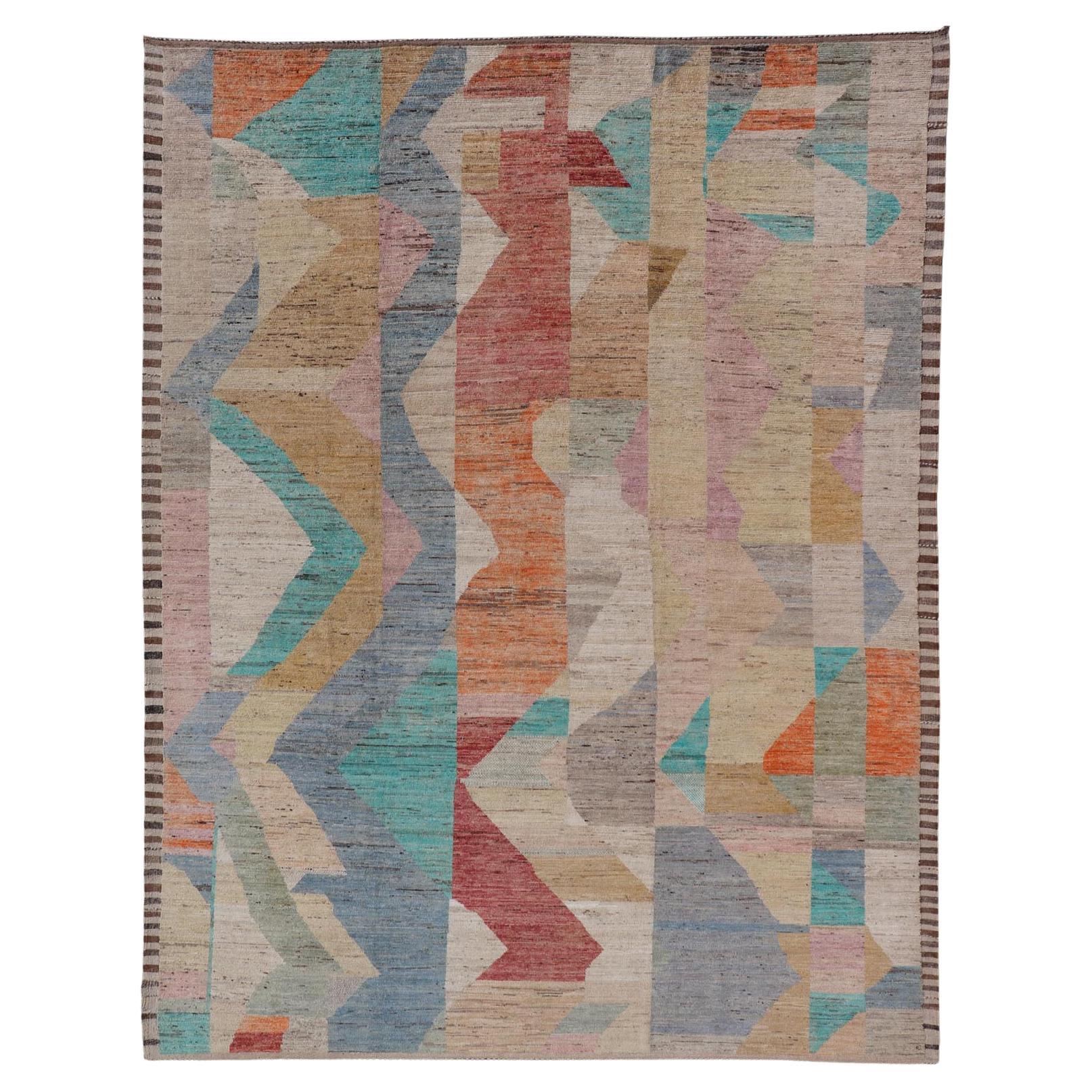 Modern Hand-Knotted Rug in Wool with Abstract Sub-Geometric Design in Multicolor