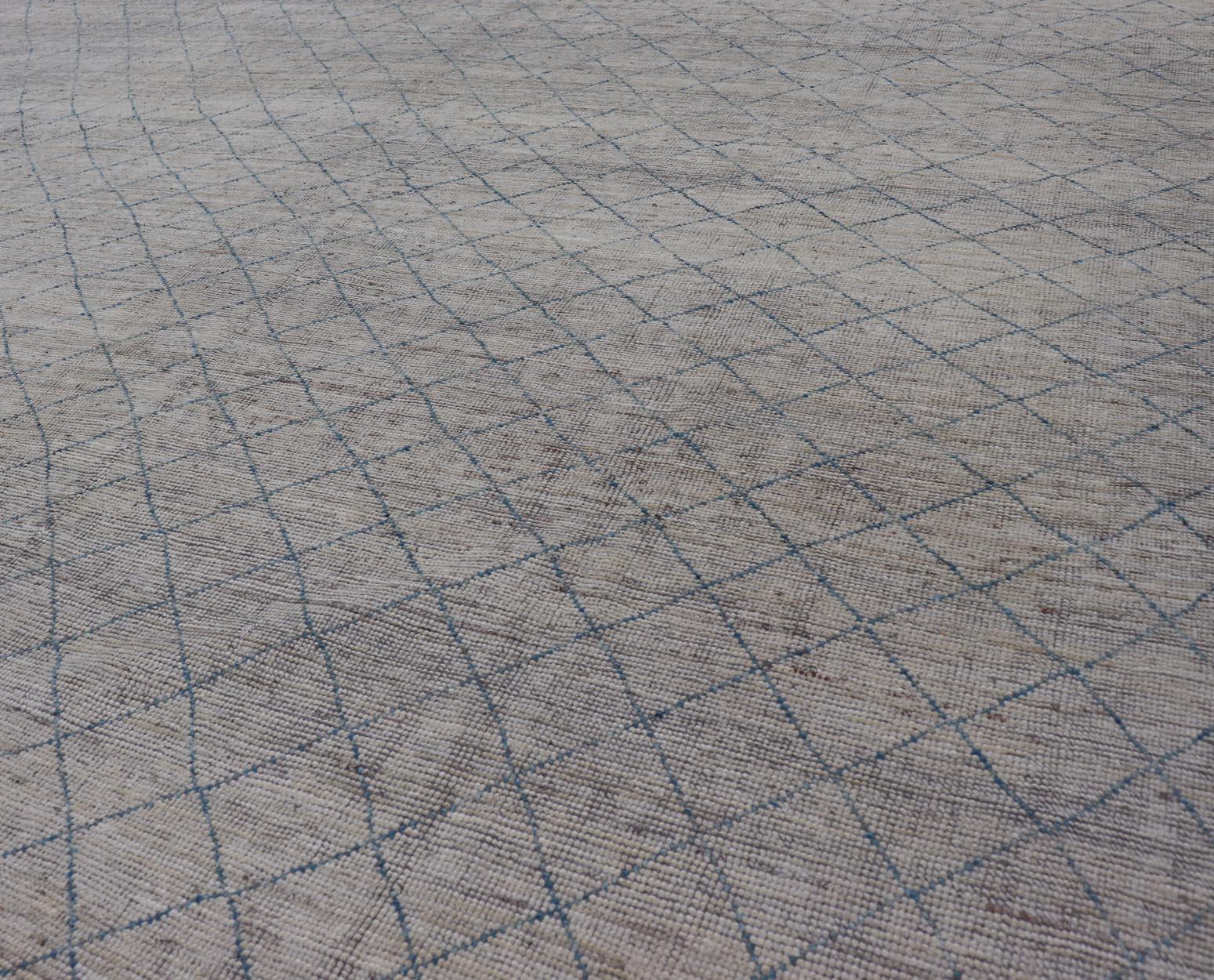 Laine Tapis moderne noué à la main en laine avec motif de diamants sur toute sa surface en bleu en vente