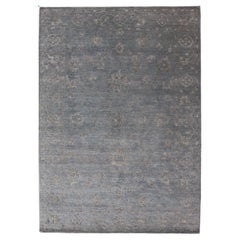 Modern Hand-Knotted Rug in Wool with Floral Design in Blue and Gray 6' x 9'