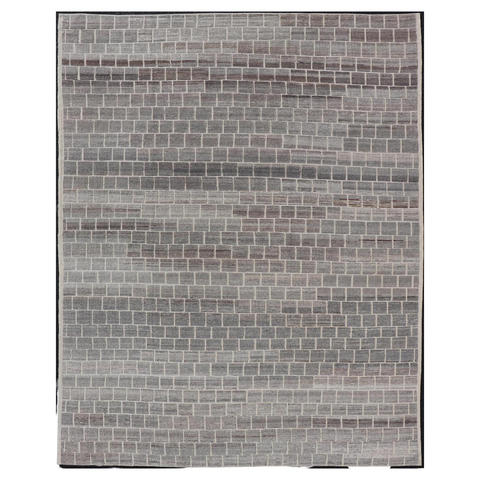 Modern Hand-Knotted Rug in Wool with Geometric Brick Design in Gray & Brown For Sale