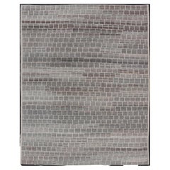 Modern Hand-Knotted Rug in Wool with Geometric Brick Design in Gray & Brown