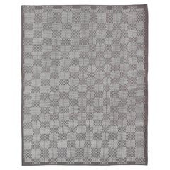 Modern Hand-Knotted Rug in Wool with Geometric Checkerboard Design