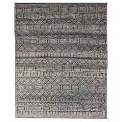 Modern Hand-Knotted Rug in Wool with Geometric Design in Black and Gray Tones