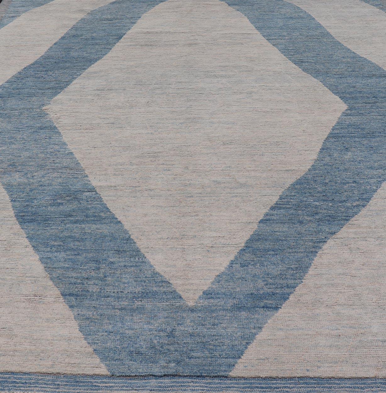 Modern Hand-Knotted Rug in Wool with Modern Design in Blue and Cream 6
