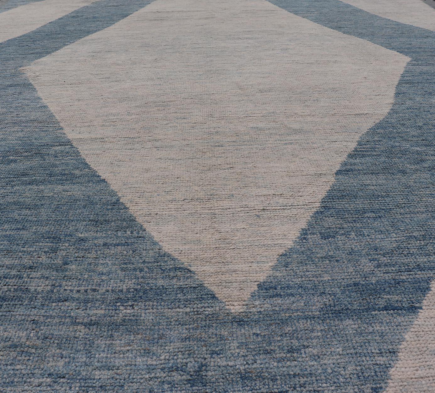 Modern Hand-Knotted Rug in Wool with Modern Design in Blue and Cream 7