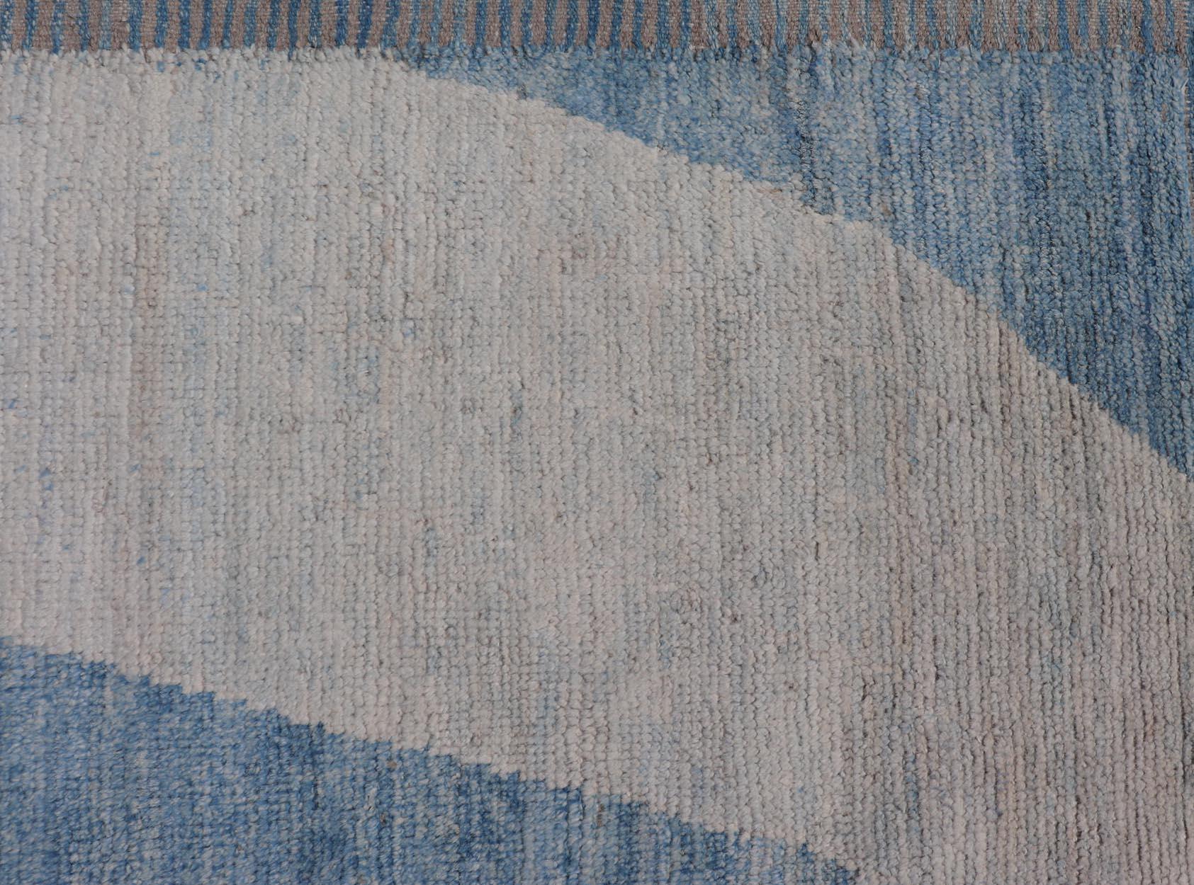 Afghan Modern Hand-Knotted Rug in Wool with Modern Design in Blue and Cream