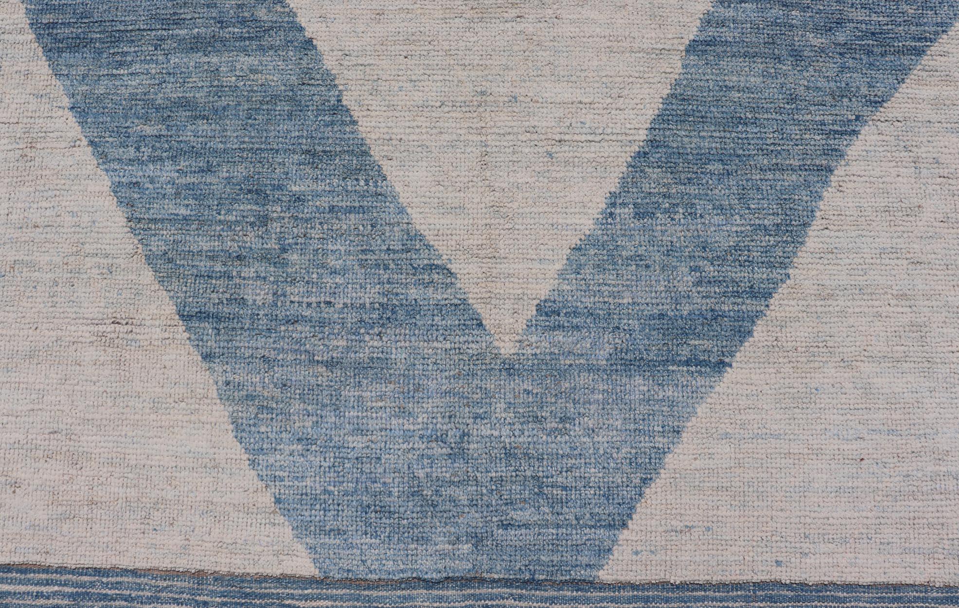 Contemporary Modern Hand-Knotted Rug in Wool with Modern Design in Blue and Cream