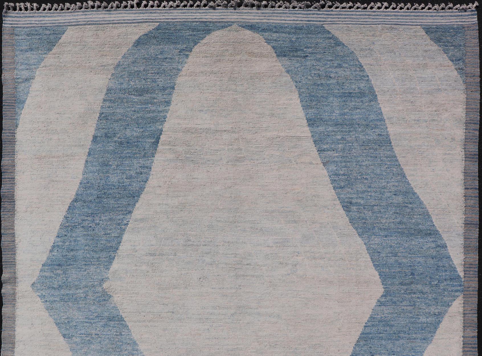 Modern Hand-Knotted Rug in Wool with Modern Design in Blue and Cream 2