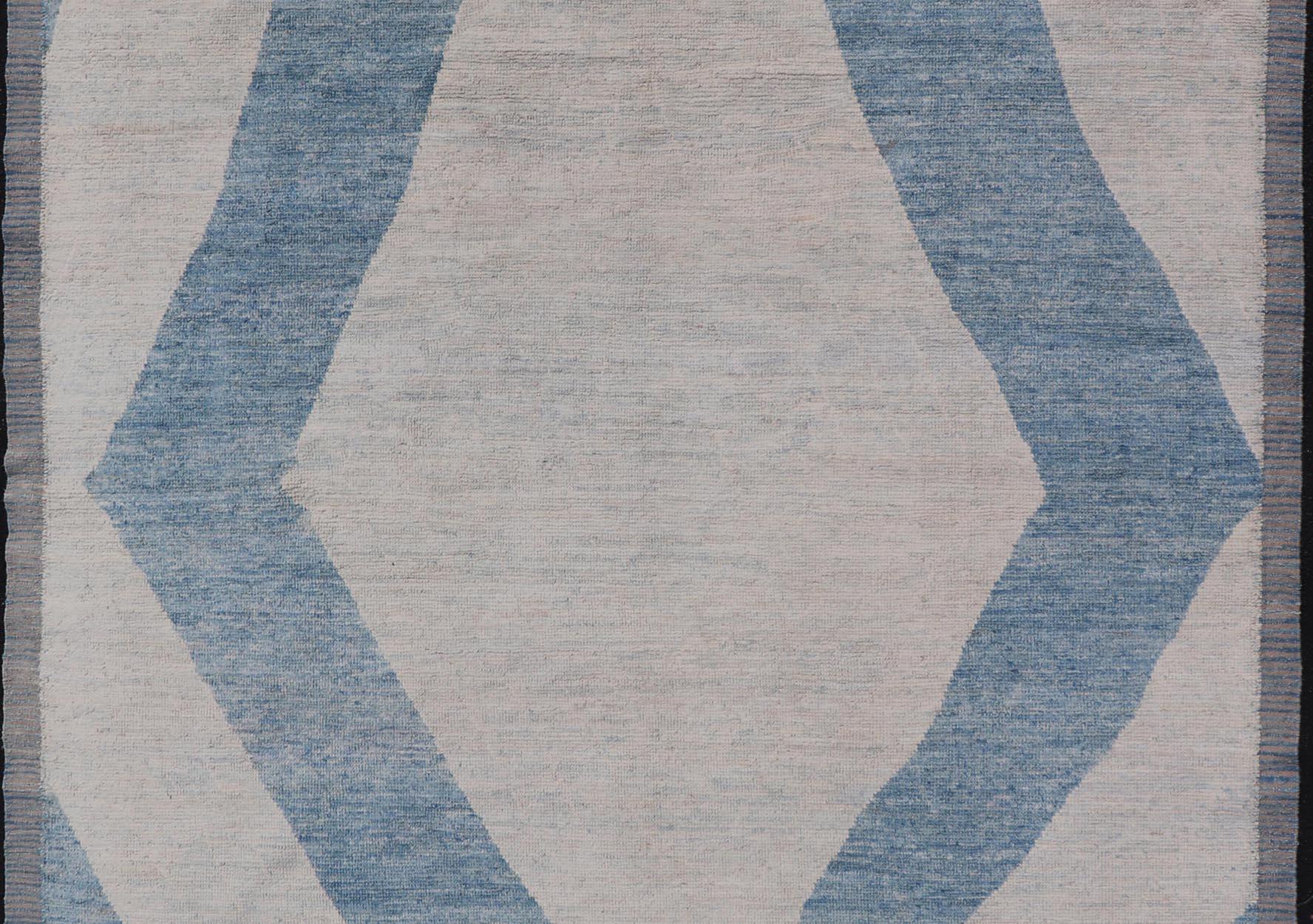 Modern Hand-Knotted Rug in Wool with Modern Design in Blue and Cream 3
