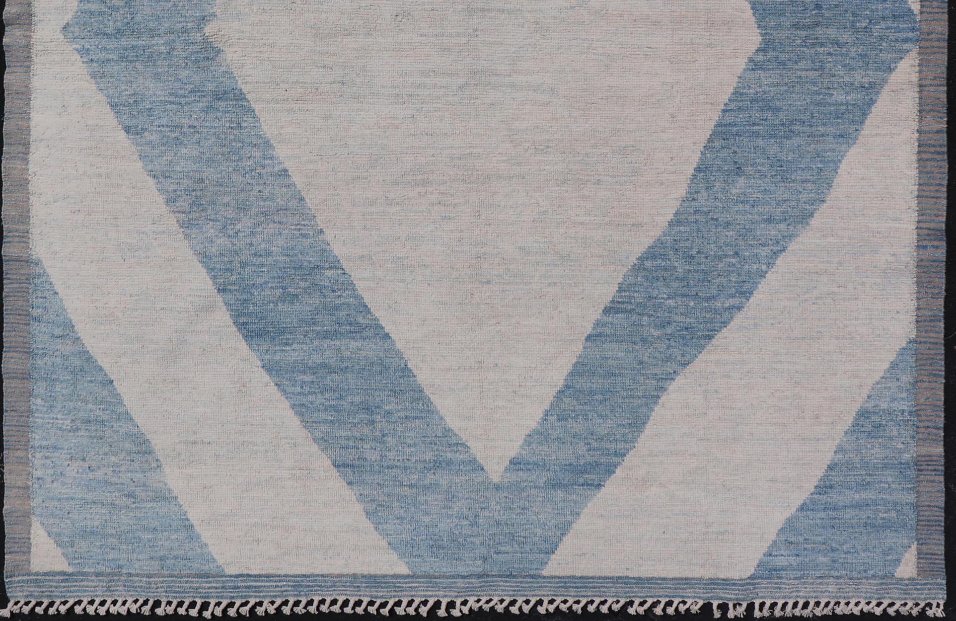 Modern Hand-Knotted Rug in Wool with Modern Design in Blue and Cream 4