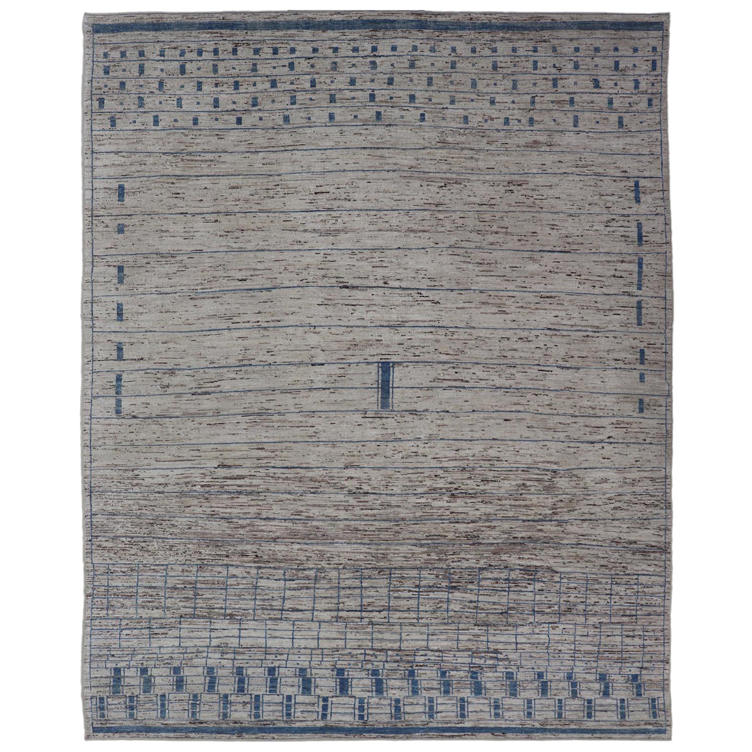 Moderner handgeknüpfter Teppich aus Wolle mit subgeometrischem Design in Blau und Creme