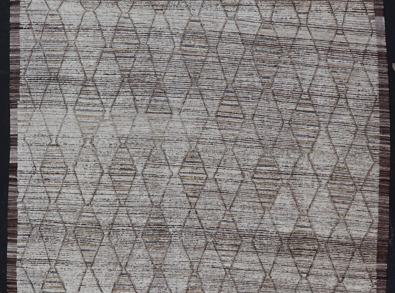 Moderner handgeknüpfter Teppich aus Wolle mit subgeometrischem Diamantdesign in Erdtönen, Moderne im Angebot 4