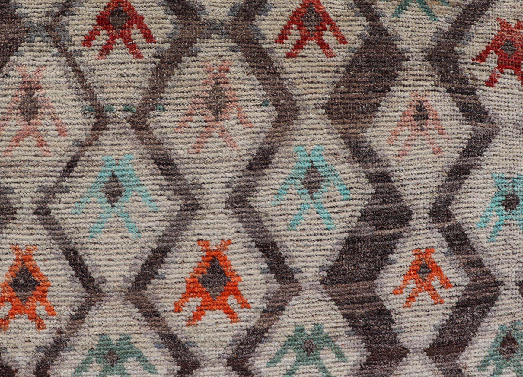 Afghan Modern Hand-Knotted Rug in Wool with Sub-Geometric Diamond Design in Multicolor For Sale