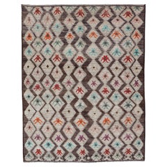 Modern Hand-Knotted Rug in Wool with Sub-Geometric Diamond Design in Multicolor