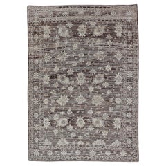 Modern Hand-Knotted Rug in Wool with Sub-Geometric Floral Oushak Design