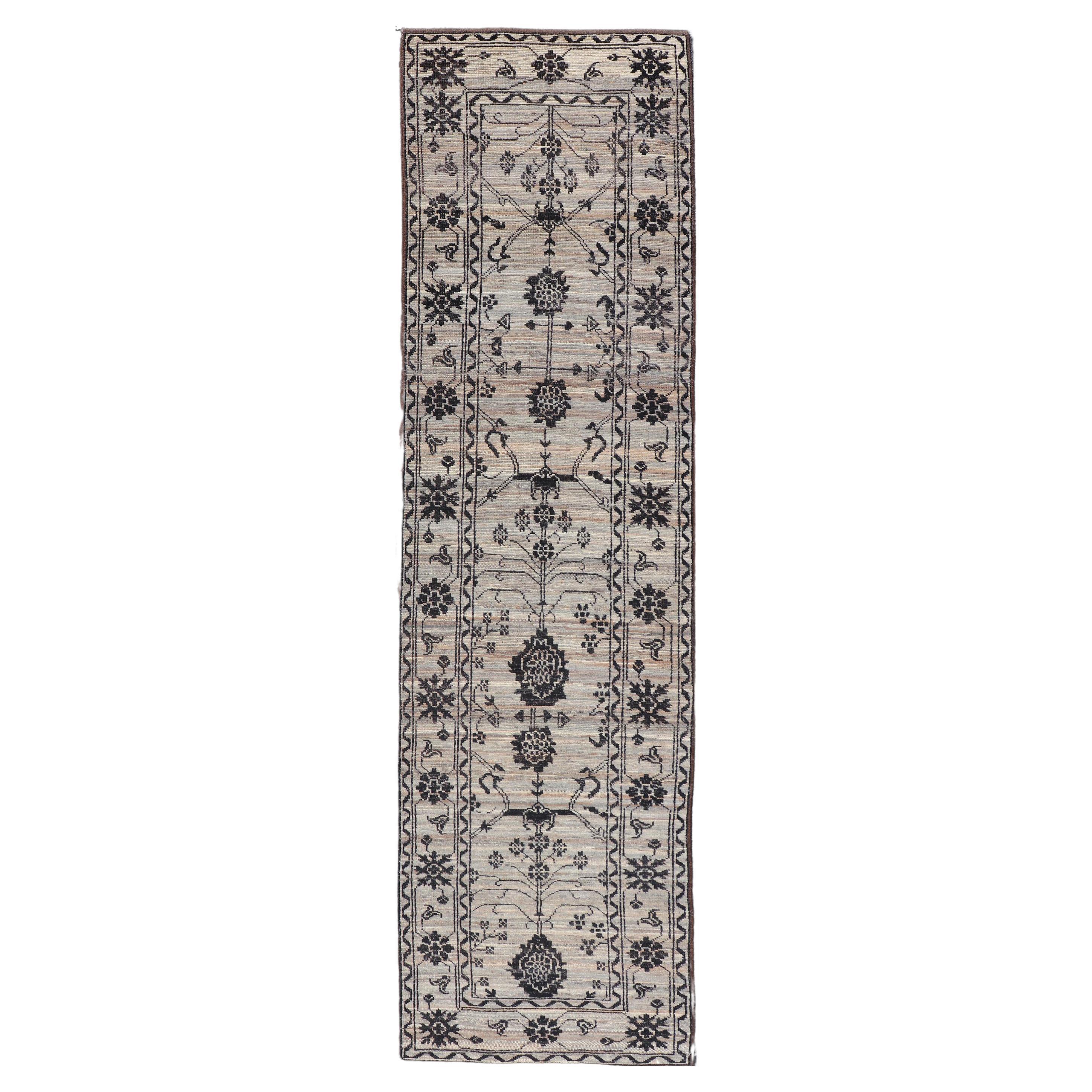 Modern Hand-Knotted Rug in Wool with Sub-Geometric Oushak Design in Earthy Tones