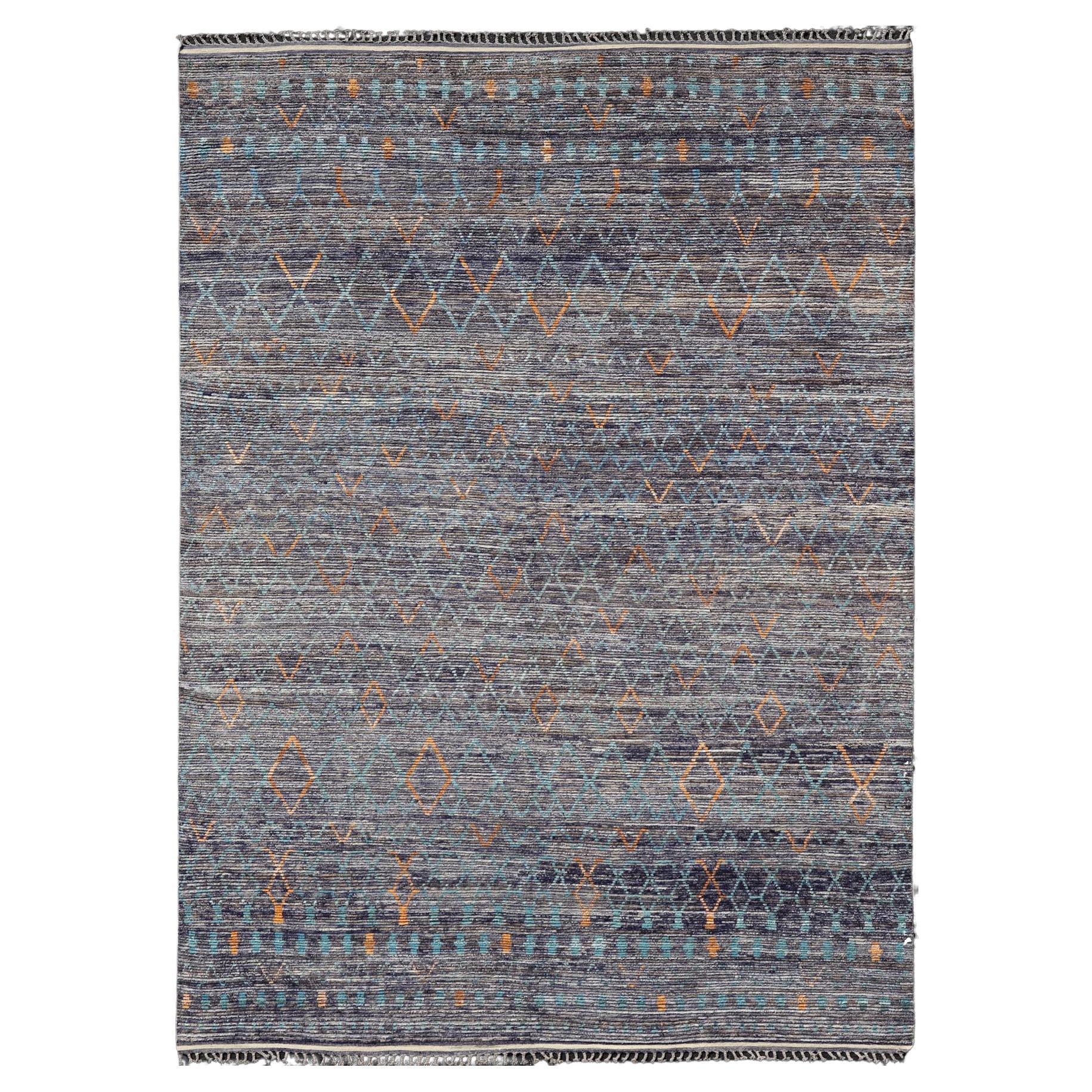 Modern Hand-Knotted Rug with All-Over Geometric Moroccan Design With Color