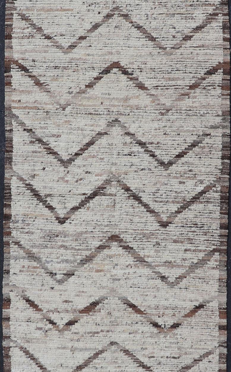 Afghan Modern Hand Knotted Runner in All-Over Design in Brown Color & Cream Background For Sale