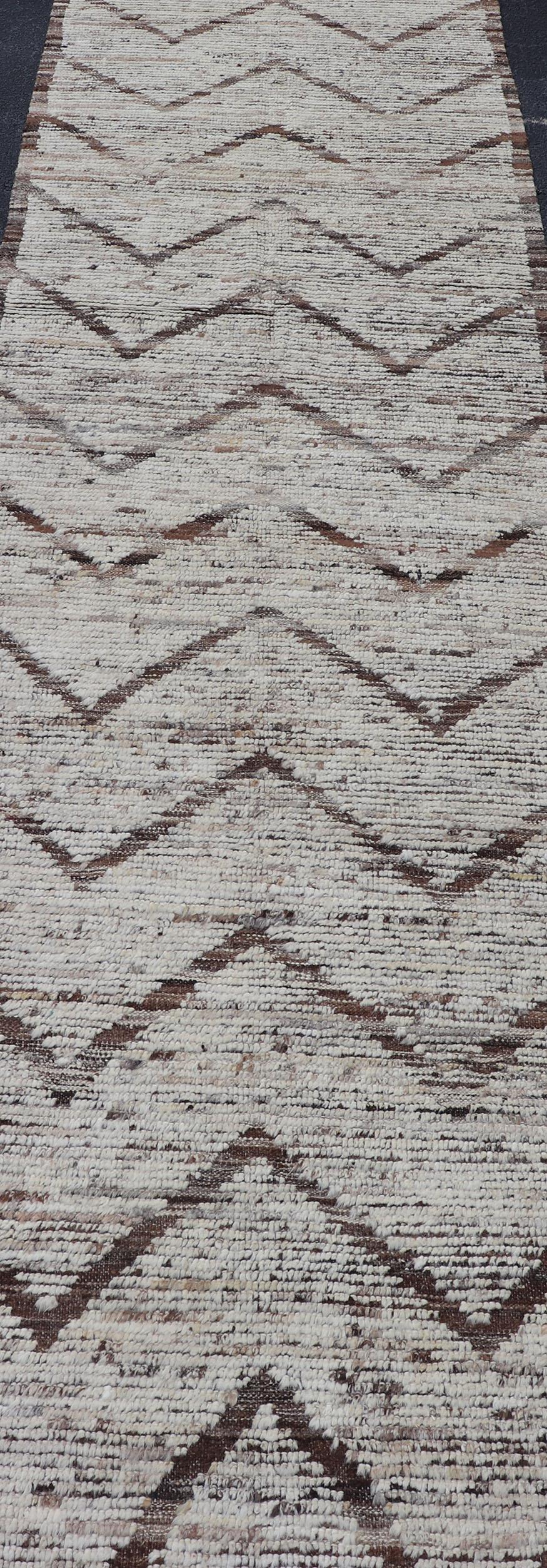 Wool Modern Hand Knotted Runner in All-Over Design in Brown Color & Cream Background For Sale