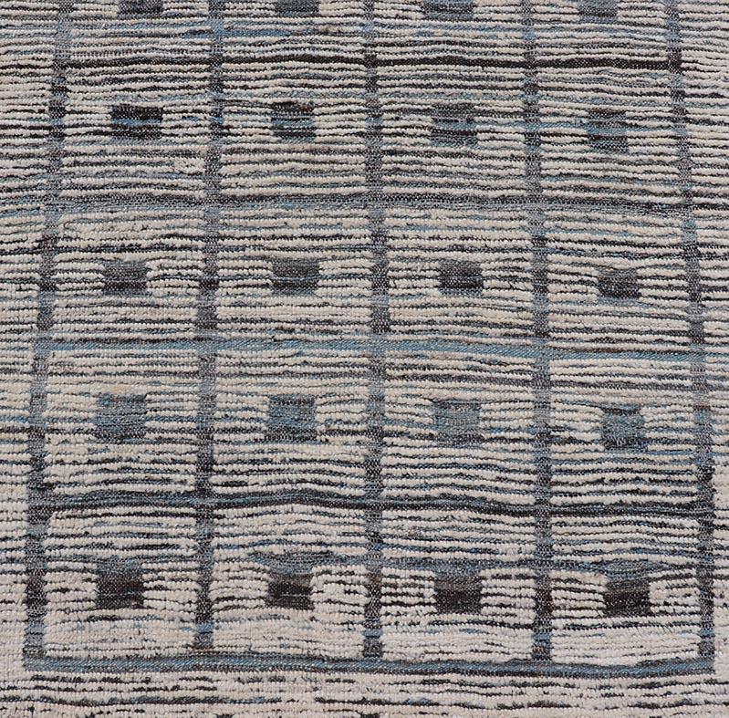 Afghan Modern Hand-Knotted Runner in Wool with Box Design in Blue, Ivory and Charcoal