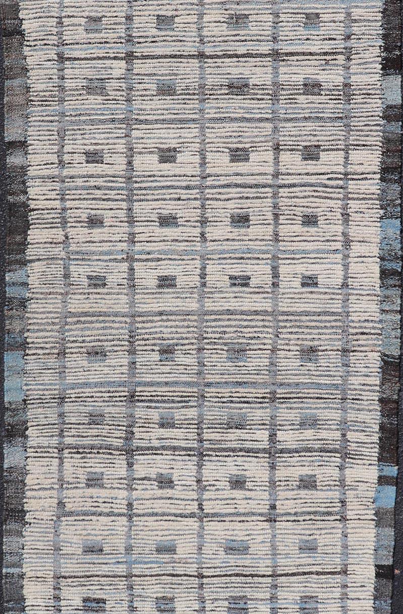 Contemporary Modern Hand-Knotted Runner in Wool with Box Design in Blue, Ivory and Charcoal