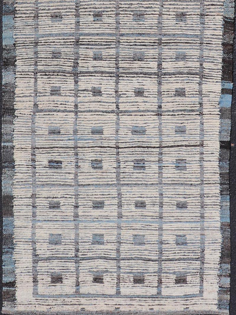 Modern Hand-Knotted Runner in Wool with Box Design in Blue, Ivory and Charcoal 1