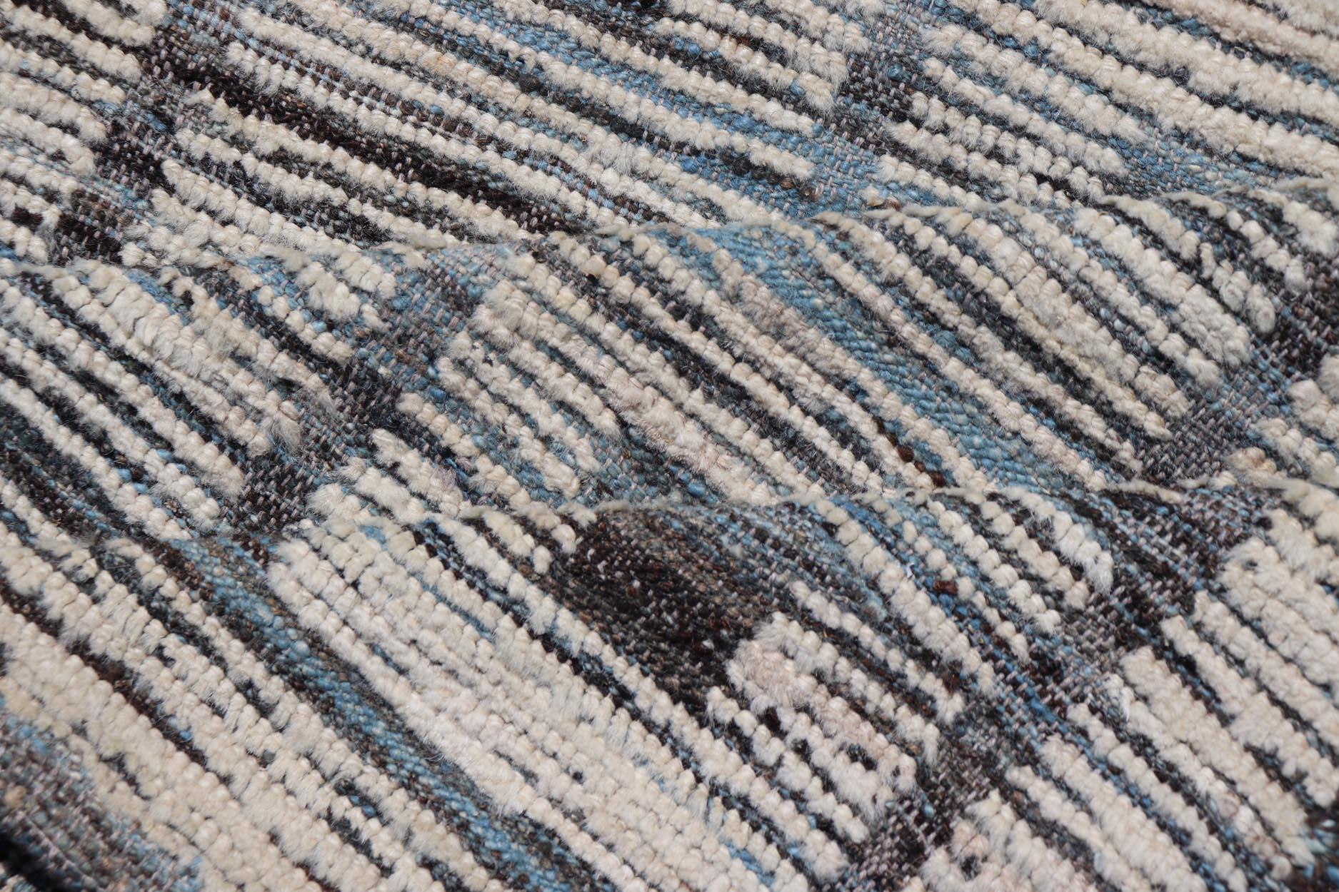 Modern Hand-Knotted Runner in Wool with Box Design in Blue, Ivory and Charcoal 4