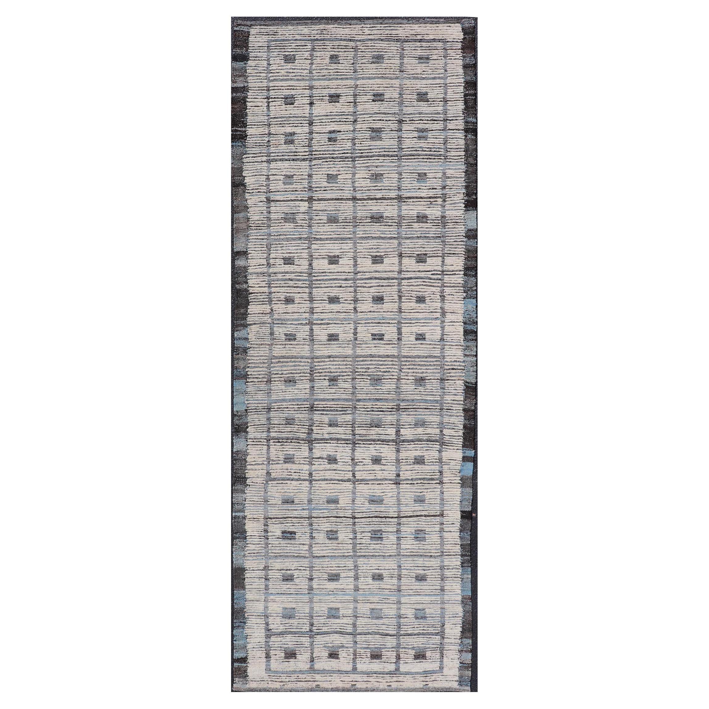 Modern Hand-Knotted Runner in Wool with Box Design in Blue, Ivory and Charcoal
