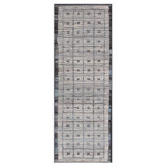Modern Hand-Knotted Runner in Wool with Box Design in Blue, Ivory and Charcoal