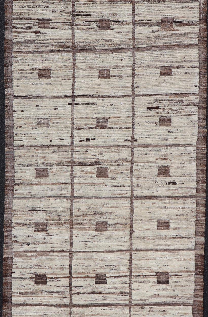 Contemporary Modern Hand-Knotted Runner in Wool with Box Design in Brown and Neutral Tones For Sale