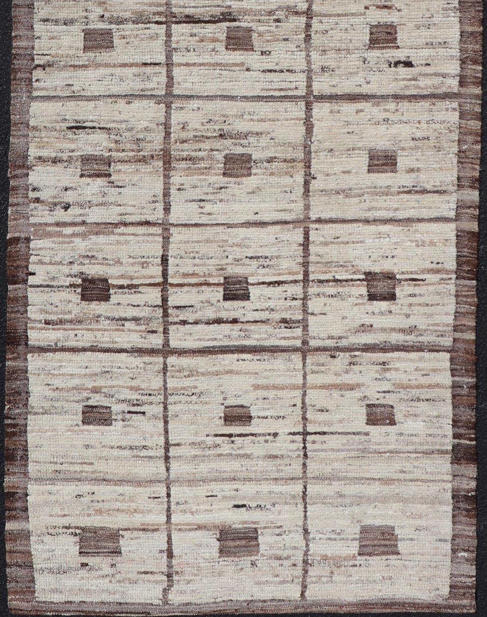 Modern Hand-Knotted Runner in Wool with Box Design in Brown and Neutral Tones For Sale 1