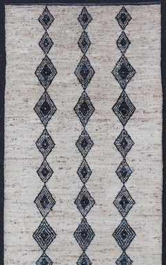 Modern Hand-Knotted Runner in Wool with Diamond Design in Blue and Ivory