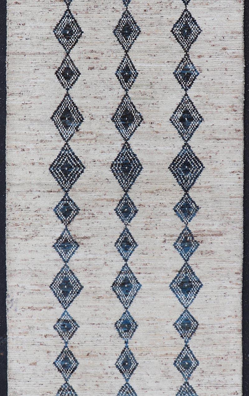 Tribal Modern Hand-Knotted Runner in Wool with Diamond Design in Blue and Ivory For Sale