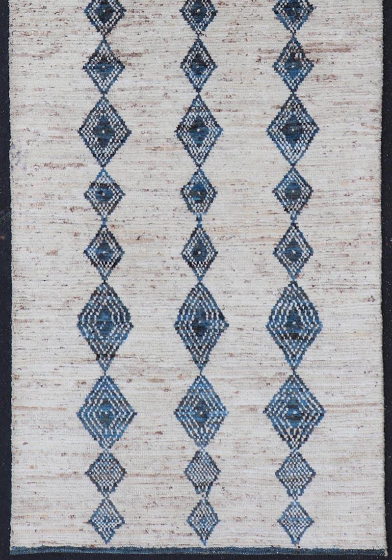 Afghan Modern Hand-Knotted Runner in Wool with Diamond Design in Blue and Ivory For Sale