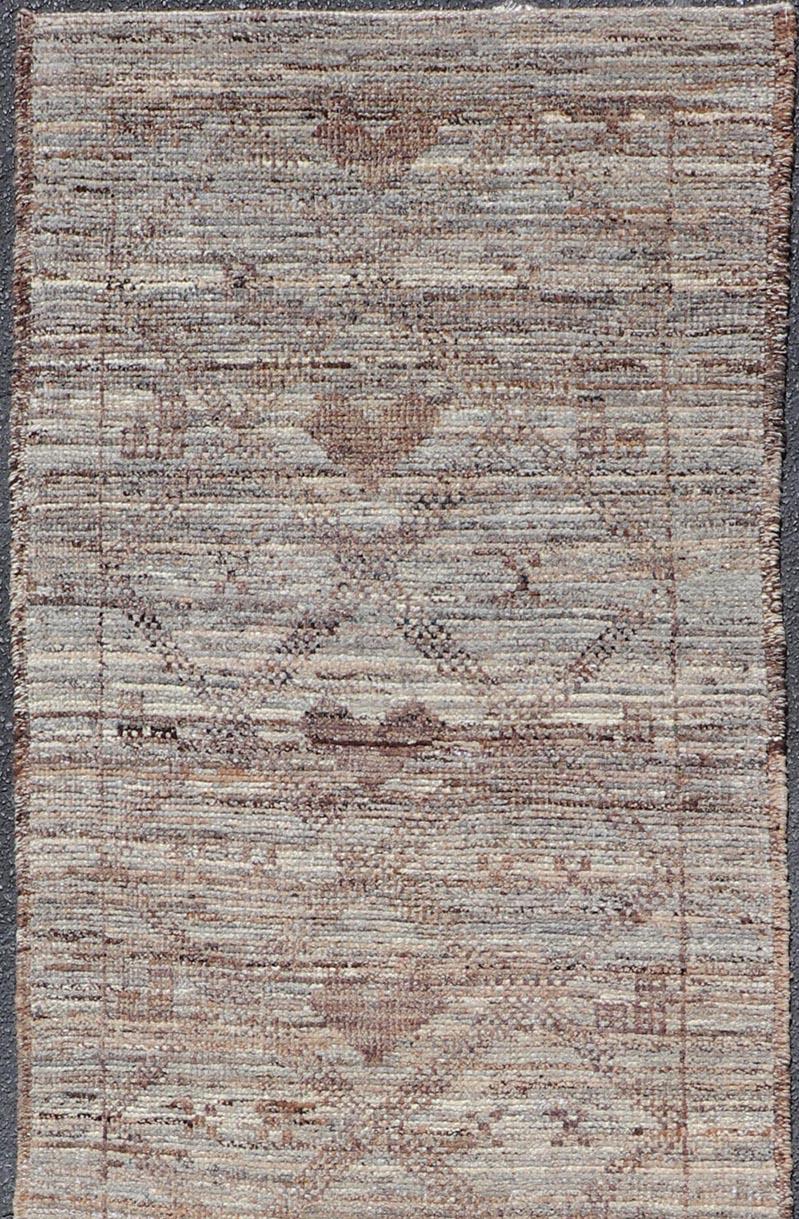 Afghan Modern Hand-Knotted Runner in Wool with Diamond Design in Neutral Tones For Sale