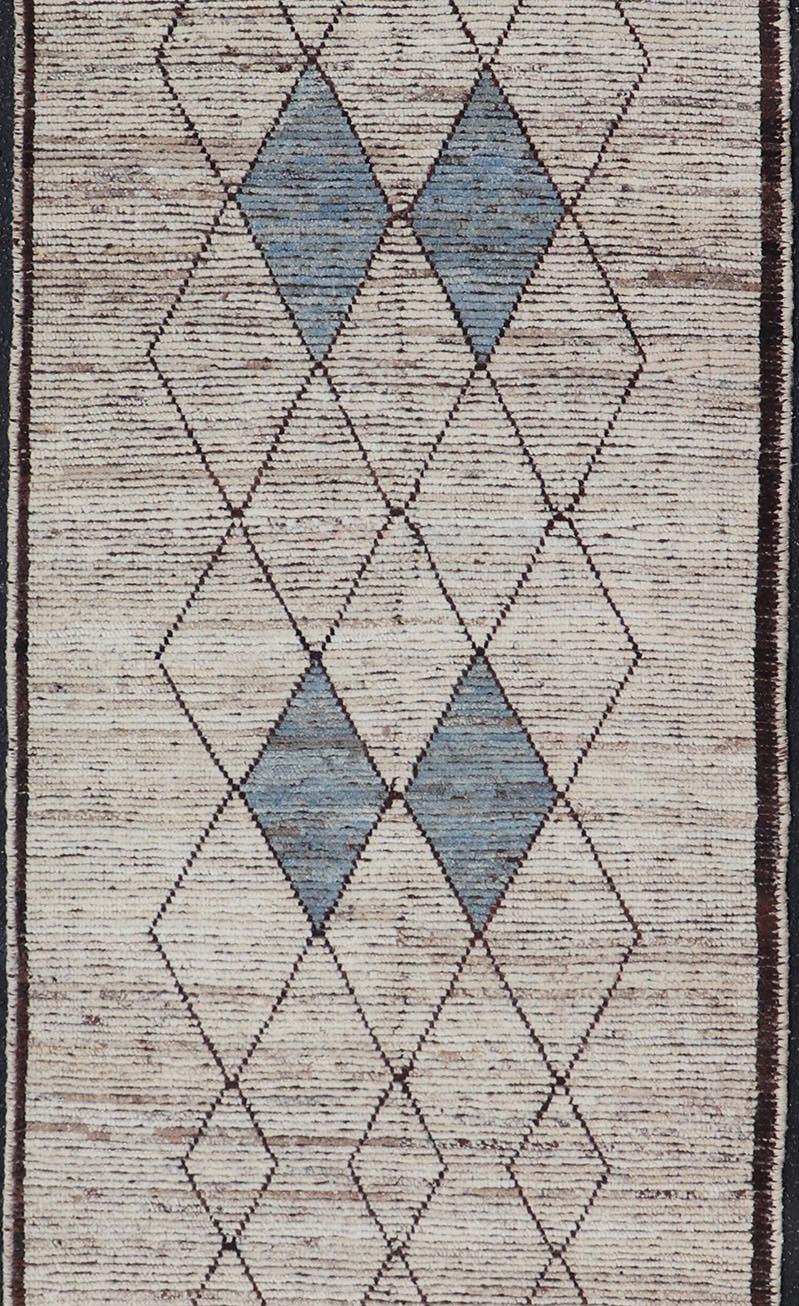 Afghan Modern Hand-Knotted Runner in Wool with Diamond Design in Neutral Tones For Sale