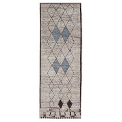 Modern Hand-Knotted Runner in Wool with Diamond Design in Neutral Tones