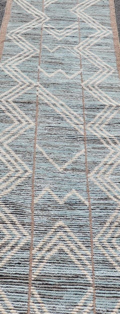 Modern Hand-Knotted Runner in Wool with Diamond Design With Teal, Ivory Tones