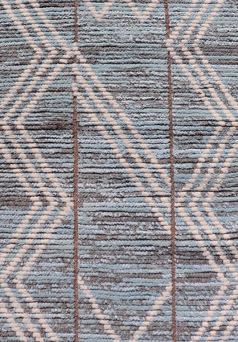 Contemporary Modern Hand-Knotted Runner in Wool with Diamond Design With Teal, Ivory Tones