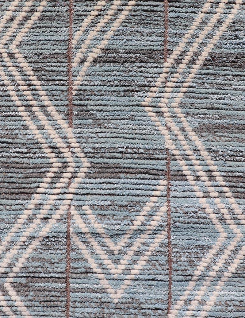 Modern Hand-Knotted Runner in Wool with Diamond Design With Teal, Ivory Tones 1
